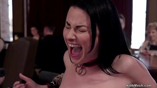 Tèt esklav Veruca James gid esklav trainee Sabrina Bank pou sèvis bouzen epi yo di fuck ak soumèt nan etaj la anwo kay la debòch bdsm pati